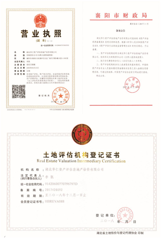 華仁資產(chǎn)評(píng)估房地產(chǎn)估價(jià)有限公司營(yíng)業(yè)執(zhí)照、資產(chǎn)評(píng)估備案公告、土地評(píng)估機(jī)構(gòu)登記證書.jpg