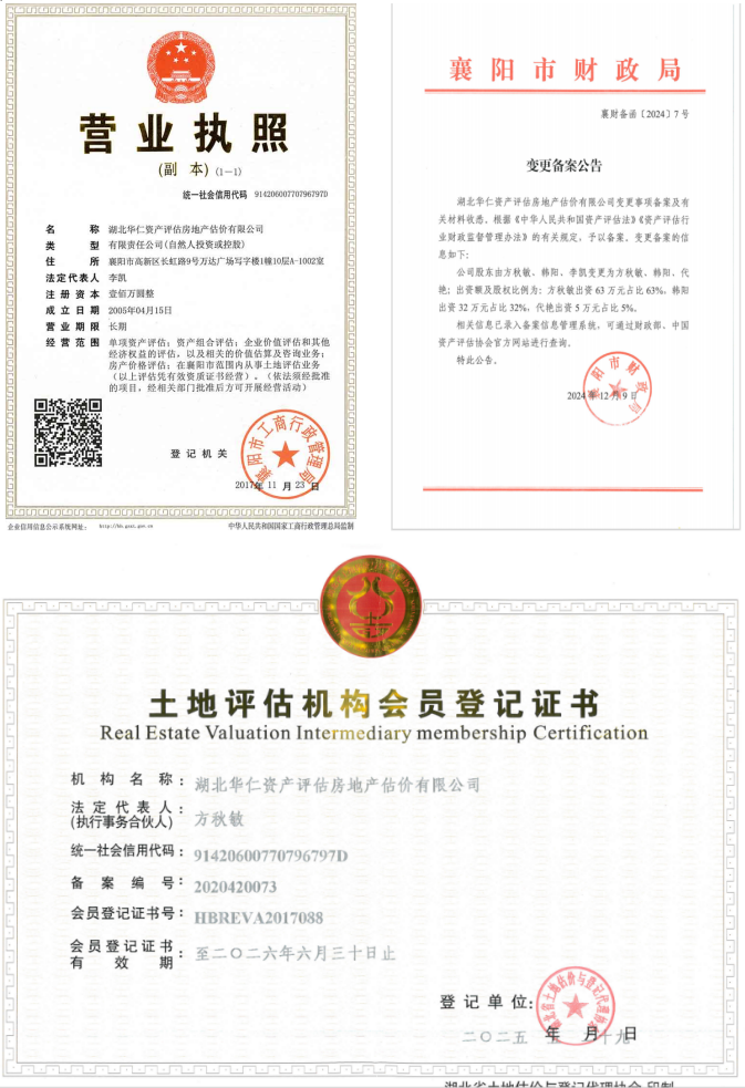 華仁資產(chǎn)評估房地產(chǎn)估價有限公司營業(yè)執(zhí)照、資產(chǎn)評估備案公告、土地評估機(jī)構(gòu)登記證書